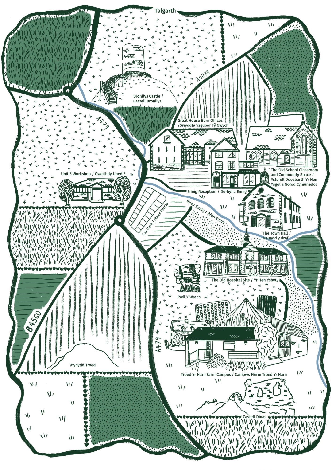 An illustrated map showing Talgarth town and BMC learning sites.